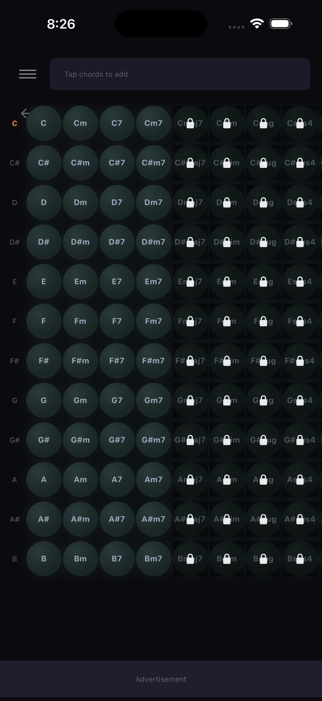 Visual Chord Planner home screen