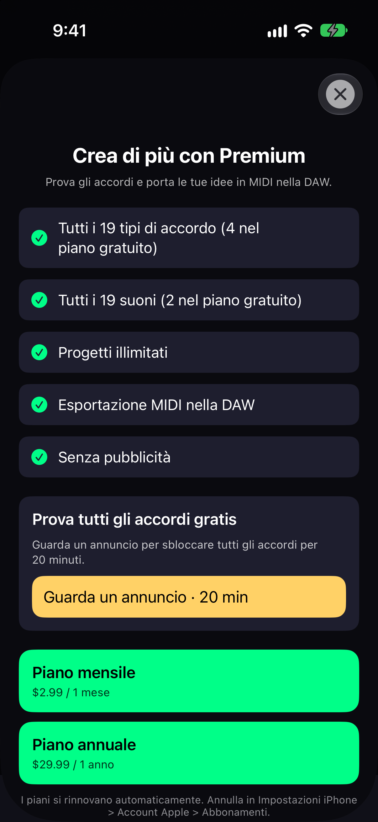 Schermate dell’app